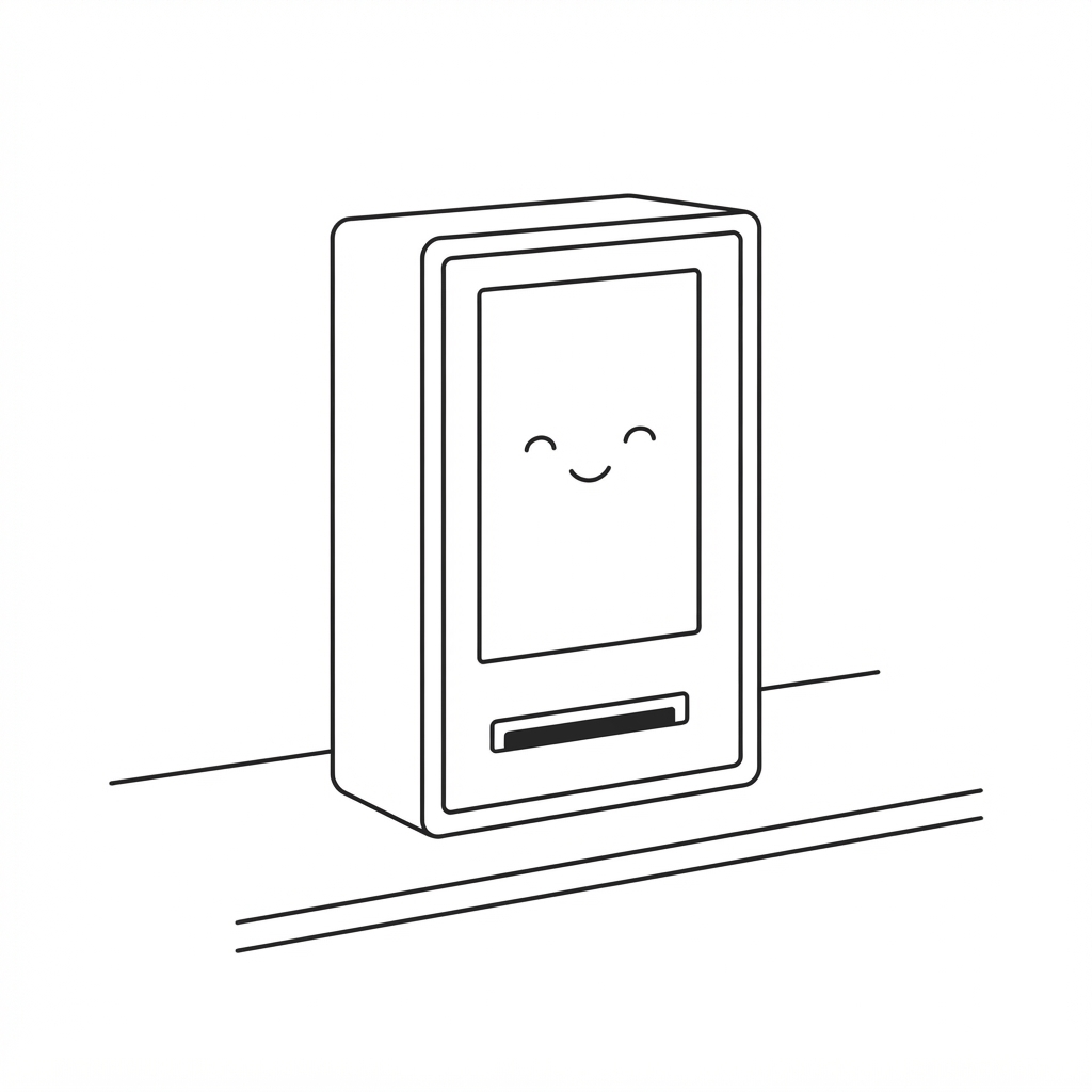 The booth screen showing a smiling face
