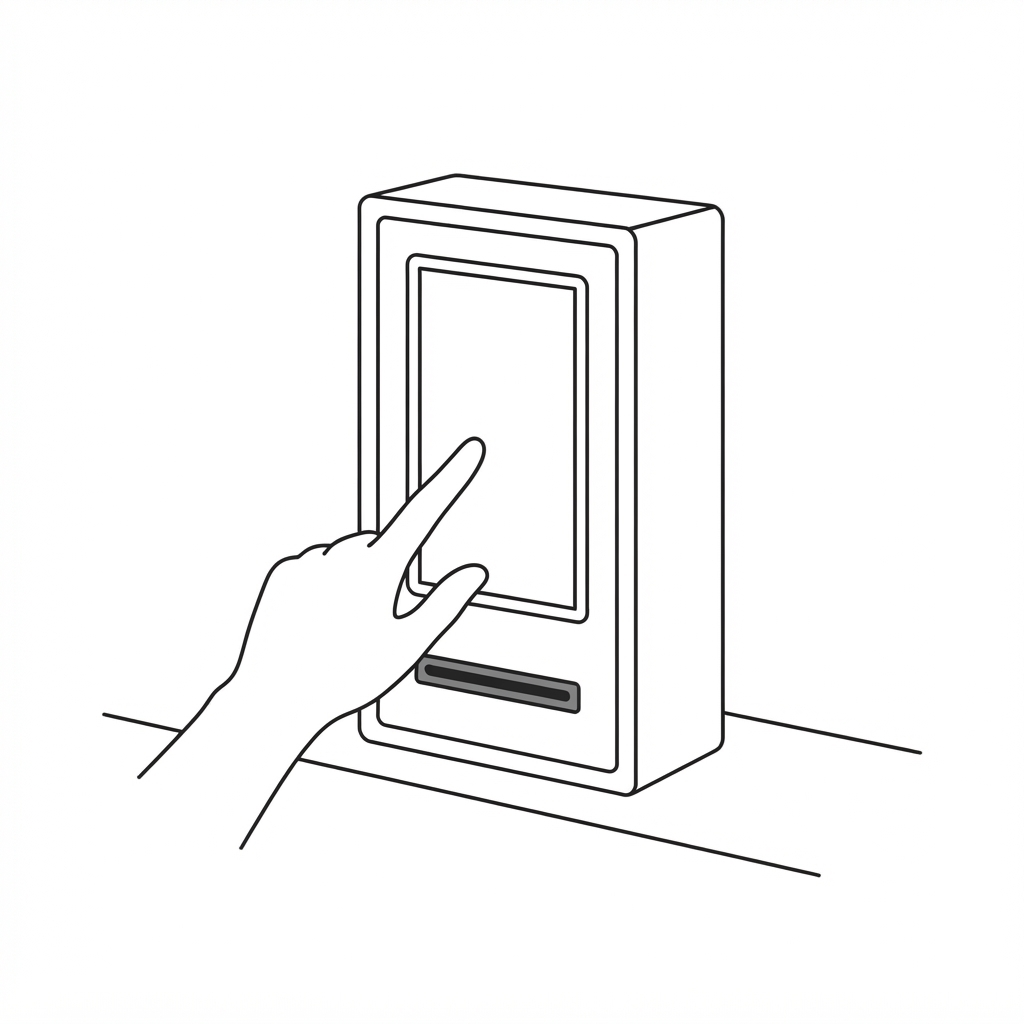 A hand tapping the booth touchscreen
